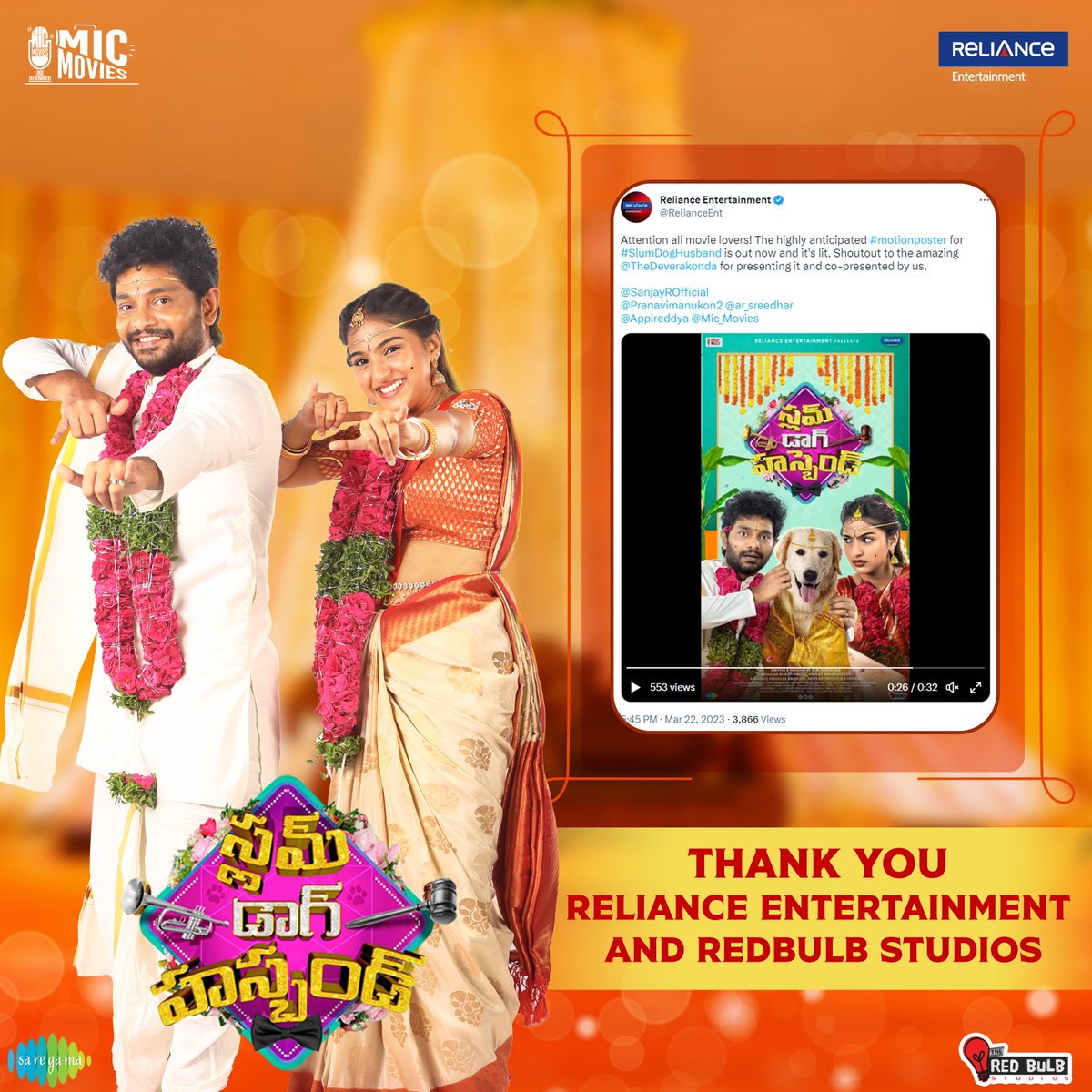 Mic_Movies's tweet photo. Many thanks to @RelianceEnt and #Redbulbgroup for co-presenting #SlumDogHusband and helping bring this captivating story to life!
#slumdoghusband #motionposterlaunch #thankyou #micmovies #relianceentertainment #redbulbstudios #micmovies #appireddy https://t.co/Pbs8K8Ce7E