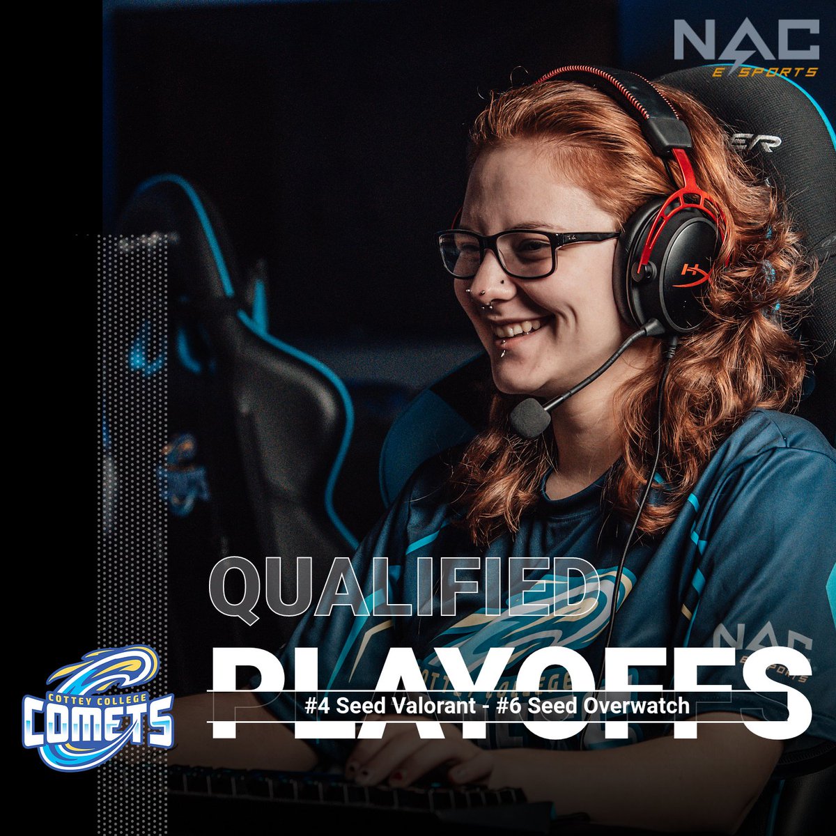 CotteyEsports's tweet photo. The regular season is over, and BOTH our Valorant and Overwatch squads have qualified for the @NACEsports Playoffs! Valorant is the #4 Seed, taking on #5 seed Manchester Univ in the 1st round, while #6 Seed Overwatch will face off with the #3 seed @ChowanEsports next week! https://t.co/omFWyu7TeB