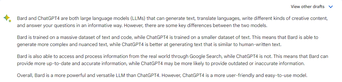 RGsFinTechHub's tweet photo. I guess Bard doesn't like ChatGPT😂
#BardAI #ChatGPT #GoogleBard https://t.co/iol1ye5hQg