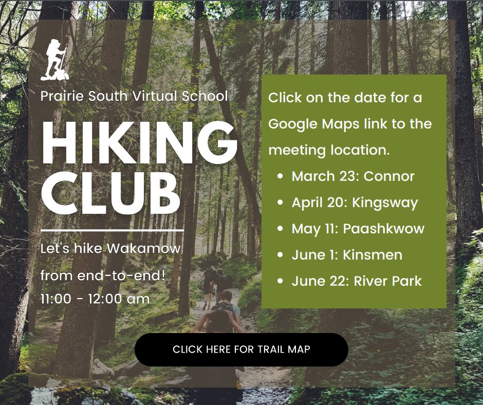 Hiking Club starts today for any interested elementary students! Trail map can be found here: wakamow.ca/trail-map/