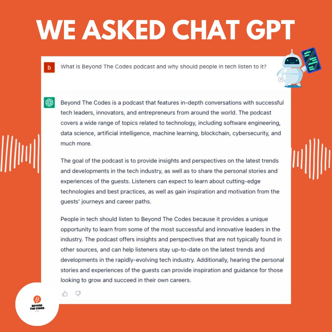beyondthecodes's tweet photo. We asked Chat GPT and the reply was an interesting one!
Another reason you should follow this page, subscribe to all our podcast streaming channels and YouTube and catch up on all new and previous episodes. #BTCpod https://t.co/QvWFOCenCj