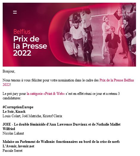 LouisColart's tweet photo. 🥳 Incroyable! Très heureux d'être doublement nominé - côté néerlandophone ET francophone - avec @joelmatriche et @KristofClerix au Prix de la presse Belfius pour notre enquête sur l'affaire de corruption au Parlement européen #CorruptionEurope #Qatargate https://t.co/NW7BKGs8QM