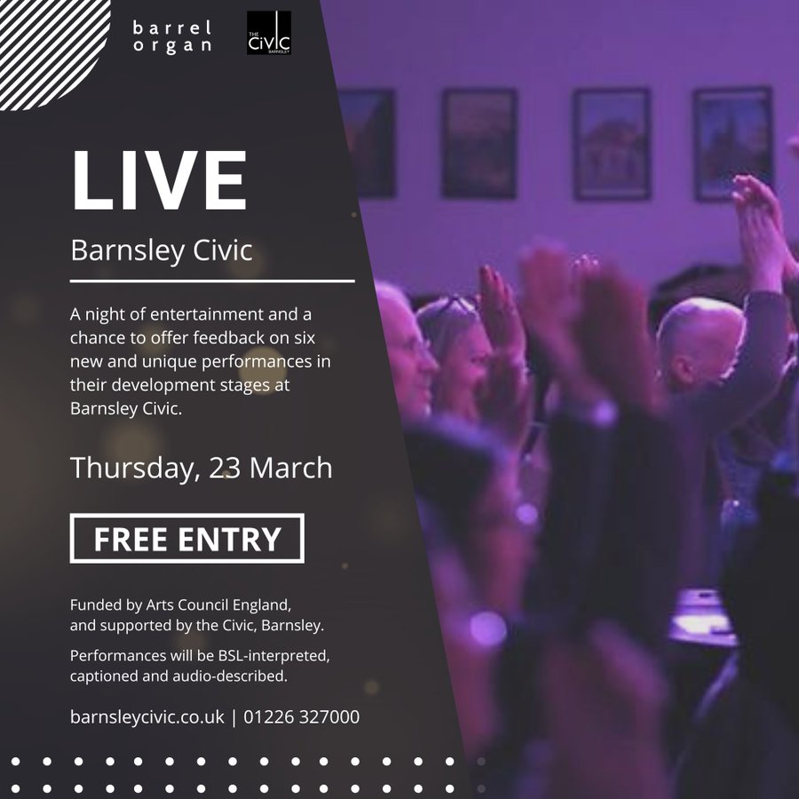 Barrel_Organ's tweet photo. LIVE @BarnsleyCivic is TONIGHT. There are still a few in-person tickets available and digital tickets are *unlimited*. 

And what's more: they're all Pay What You Decide.

All the info you need is here: https://t.co/t0D8HfYhD0 https://t.co/FSm90xwE56