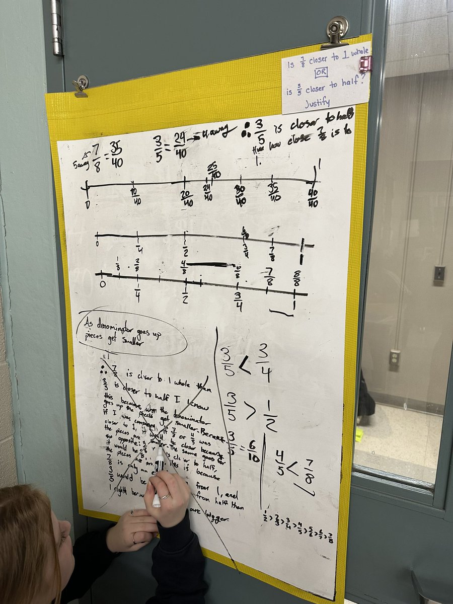 Proud of this young lady that dove into a centre head first and extracted every piece of learning she could. The question: Is 7/8 closer to 1 or is 3/5 closer to 1/2? #buildingthinkingclassrooms @PeterLiljedahl @GEDSB #verticalspaces