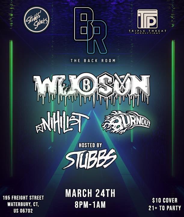 Tomorrow night! <a href="/stubbs203/">stubbs</a> is bringing <a href="/WubsonOfficial/">Wubson</a> <a href="/djnihilistbass/">DJ Nihilist</a> &amp; <a href="/BurnoutDub/">Burnout 🏎🔥💨</a> to The Back Room! Tickets are only $10. Don’t miss out on this stacked lineup.