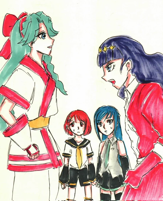 #プリキュア版深夜の真剣お絵描き60分一本勝負3月20日のお題「他作品とのコラボ」で。コラボとゆーか、中の人つながりで「氷菓」というアニメの1シーン。あまねの人は主要キャラ、みなみの人はゲストキャラ、六花&のどかの人はモブの居合わせた人でした。 