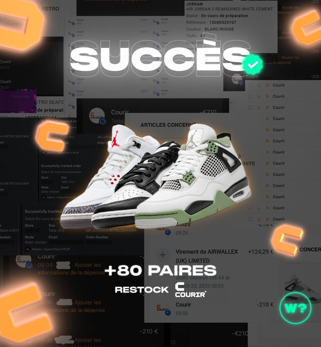 Nos membres ont encore frappé fort avec +80 paires sécurisées via le restock de Courir ce matin ! ⚡️

Grâce à nos infos en avance et nos moniteurs, ils ont sécurisé de la AJ3 Reimagined, Nike Dunk White Black et Air Jordan 4 Seafoam 🫶