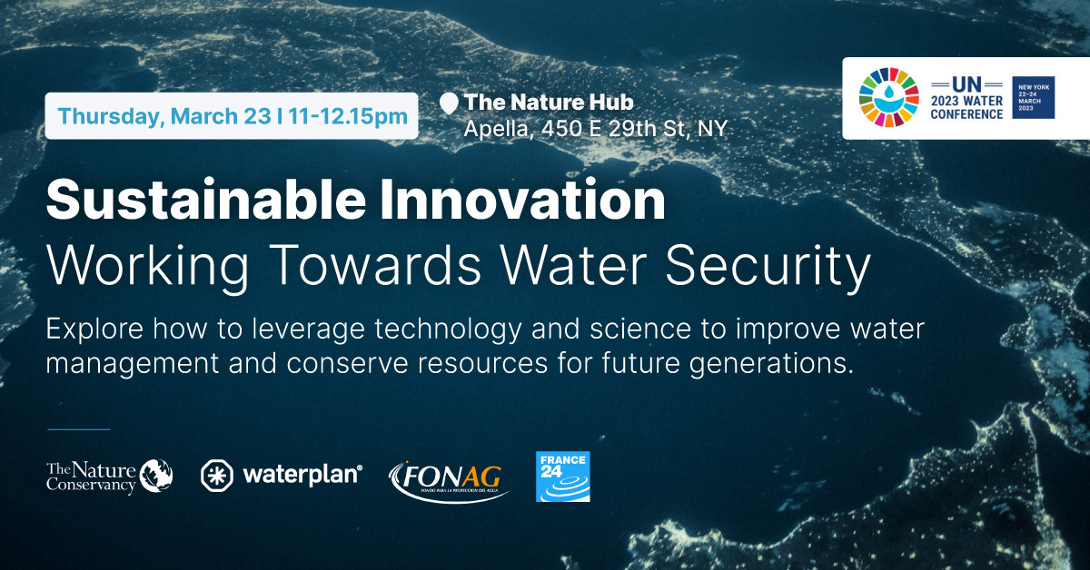🗓️Panel Today! Join <a href="/WeAreWaterplan/">Waterplan (YC S21)</a>, <a href="/nature_org/">The Nature Conservancy</a>  , <a href="/FRANCE24/">FRANCE 24</a> &amp; <a href="/fonag/">FONAG | El primer Fondo de Agua del mundo</a> at the Nature Hub for a panel on #Sustainable Innovation for #Water Security and learn how leading experts harness science &amp; tech for a sustainable future. Register:hopin.com/events/2023-na… 
#UNWaterConference