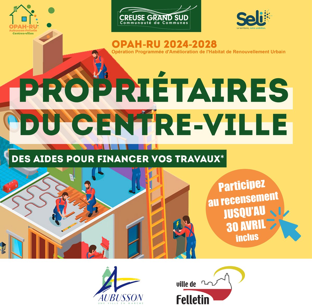 CreuseGrandSud's tweet photo. 📢 CGS lance un recensement dans le cadre de son étude pour 🏠 l’amélioration de l’habitat privé dans les 📍 centres-villes d’#Aubusson et de #Felletin

✅ Propriétaires, vous avez des projets de rénovation ? 
Répondez au questionnaire jusqu’au 30 avril > https://t.co/VUl0JeuUQP https://t.co/Tf6HXxRVsX