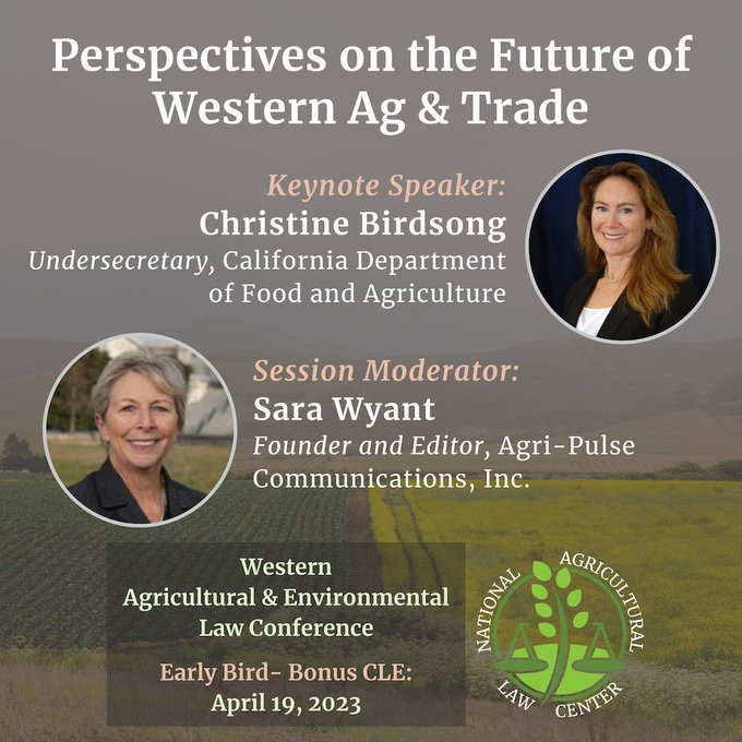 Looking forward to @CDFAnews Undersecretary Birdsong delivering keynote as part of the Western #Ag & Environmental Law Conf. @SaraWyantAP moderating! Agenda (including 'Early Bird'/April 19), registration: bit.ly/3TGWdqe
@CALawyersOrg @CaFarmTrust @CAgovernor @calasfmra