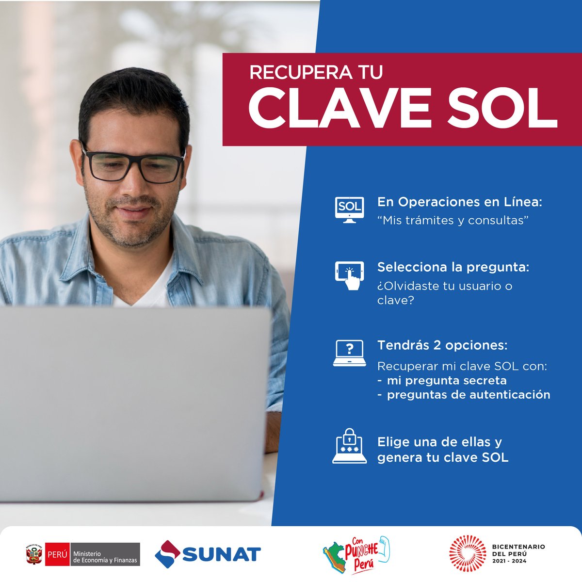 SUNATOficial's tweet photo. 📣 Recupera tu #ClaveSOL desde #SunatVirtual, las 24 horas del día.
☝️🏾 Recuerda: solo puedes recuperar tu usuario y contraseña si antes generaste una pregunta de seguridad. De lo contrario, debes tramitar una nueva.
🔎 https://t.co/xiA0CAxLnk ⤵ https://t.co/tCOfXPQYzC