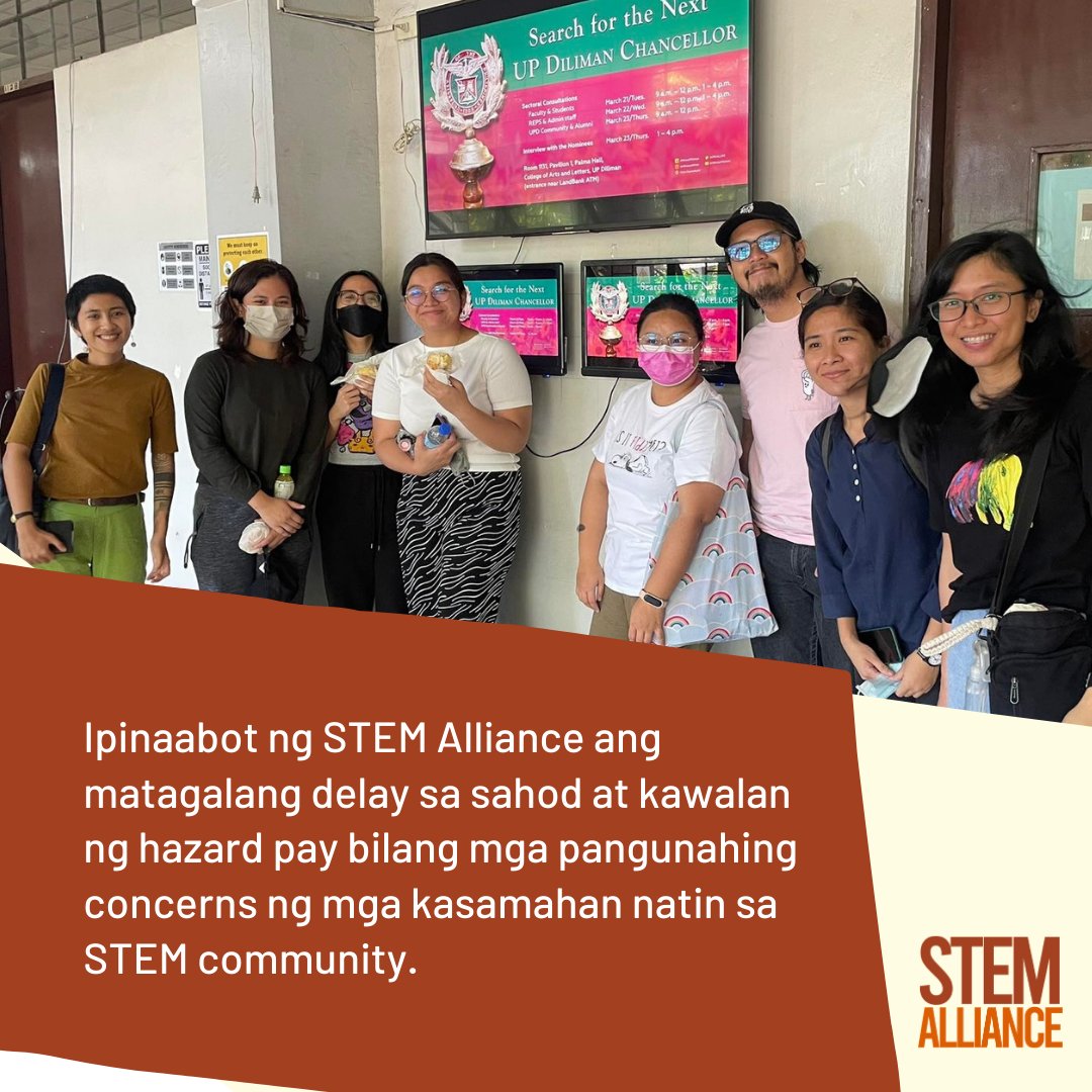 STEMAllianceUPD's tweet photo. Ipinaabot ng STEM Alliance ang matagalang delay sa sahod at kawalan ng hazard pay bilang mga pangunahing concerns ng mga kasamahan natin sa STEM community.

#UPDChancy
#KwentongSTEMWorkers
#STEMWorkers https://t.co/uEeoGaubnx