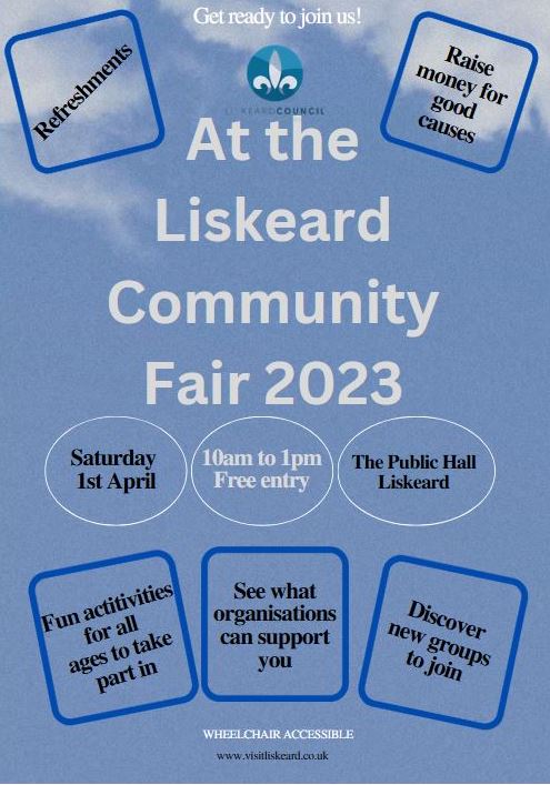 Join us next Saturday  10am-1pm in #Liskeard Public Hall when #LiskeardCommunityFair returns

Meet representatives from more than 30 local organisations and find out what they have to offer, there will also be refreshments and fun and games including a Nerf battle for kids