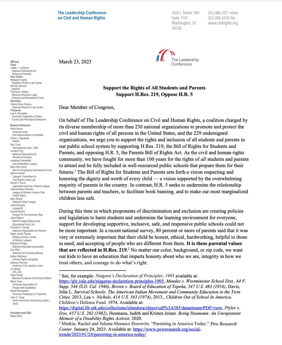 civilrightsorg's tweet photo. BREAKING: 200+ civil rights and education organizations urge Congress to REJECT book bans and bigotry and support inclusion and respect.

We are united in support of H.Res. 219, the Bill of Rights for Students and Parents, and strongly oppose H.R. 5: https://t.co/5FLbwIoLGN https://t.co/myJQZNzwDB