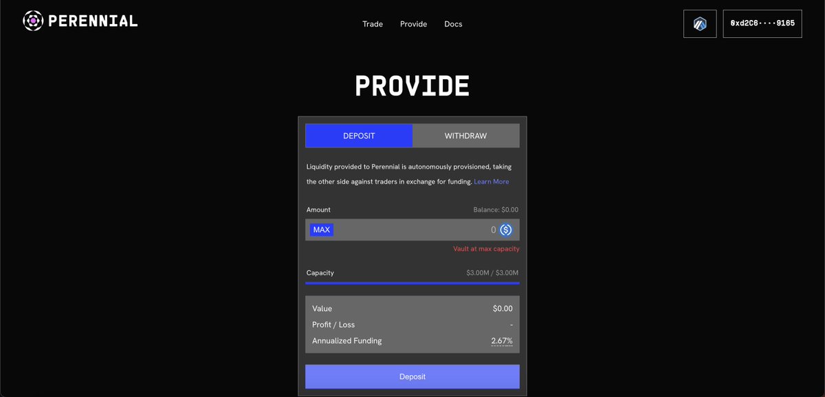 /11 Provide liquidity

• Go to Perennial app.perennial.finance/arbitrum/provi… 
• Enter the deposit amount and click on the Deposit"
• We advise you to deposit an amount of at least $100