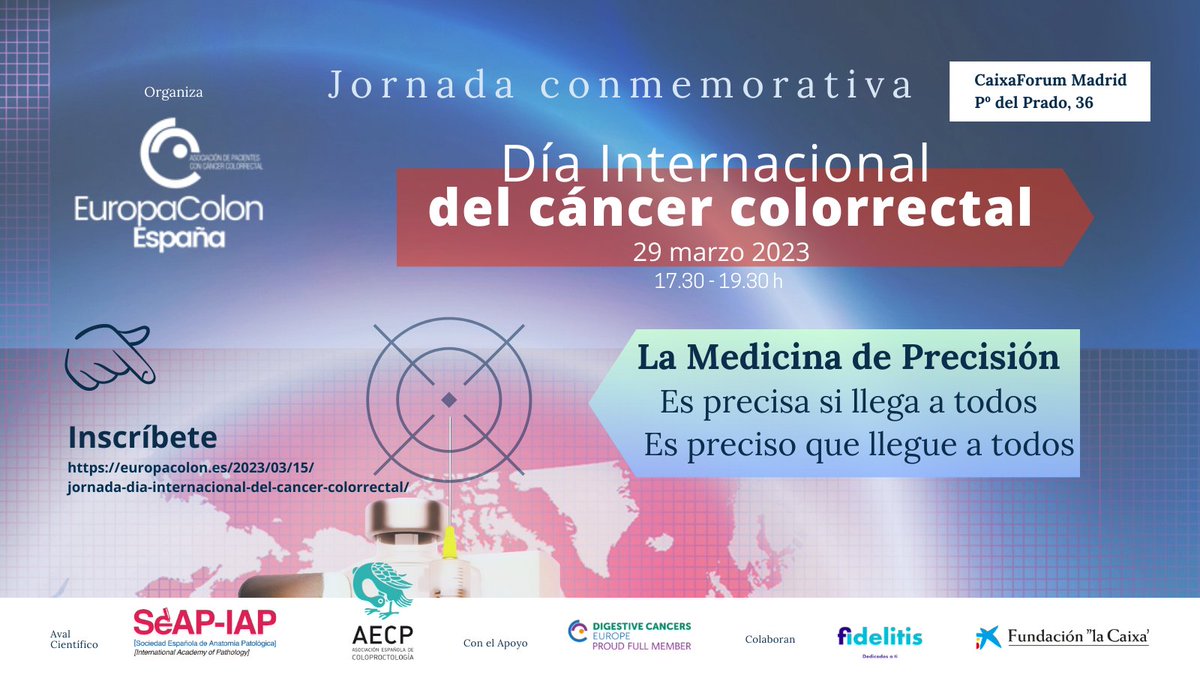 europacolon_es's tweet image. 👉 EVENTO | El próximo miércoles  29 de marzo de 17:30h a 19:30h tendrá lugar la Jornada del Día del Cáncer Colorrectal, ¡os invitamos a participar! ☺️ 

El evento tendrá lugar en Caixaforum Madrid.

✅ Podéis inscribiros en este enlace: bit.ly/3LOpOh5