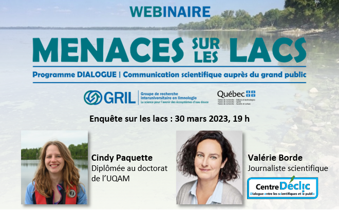GRIL (@gril_limnologie) on Twitter photo Webinaire « Enquête sur les lacs » dans le cadre du programme DIALOGUE Menaces sur les lacs
🗓️ 30 mars 2023, 19 h
Conférencière : Cindy Paquette <a href="/UQAM/">UQAM | Université du Québec à Montréal</a> <a href="/sciencesUQAM/">Faculté des sciences de l’UQAM</a>
Animation : Valérie Borde @Lactu_Borde <a href="/CentreDeclic/">Centre Déclic</a>
Inscriptions⬇️
oraprdnt.uqtr.uquebec.ca/pls/public/gsc…
<a href="/FRQ_NT/">FRQ - secteur Nature et technologies</a> #CommunautéFRQ Webinaire « Enquête sur les lacs » dans le cadre du programme DIALOGUE Menaces sur les lacs
🗓️ 30 mars 2023, 19 h
Conférencière : Cindy Paquette <a href="/UQAM/">UQAM | Université du Québec à Montréal</a> <a href="/sciencesUQAM/">Faculté des sciences de l’UQAM</a>
Animation : Valérie Borde @Lactu_Borde <a href="/CentreDeclic/">Centre Déclic</a>
Inscriptions⬇️
oraprdnt.uqtr.uquebec.ca/pls/public/gsc…
<a href="/FRQ_NT/">FRQ - secteur Nature et technologies</a> #CommunautéFRQ