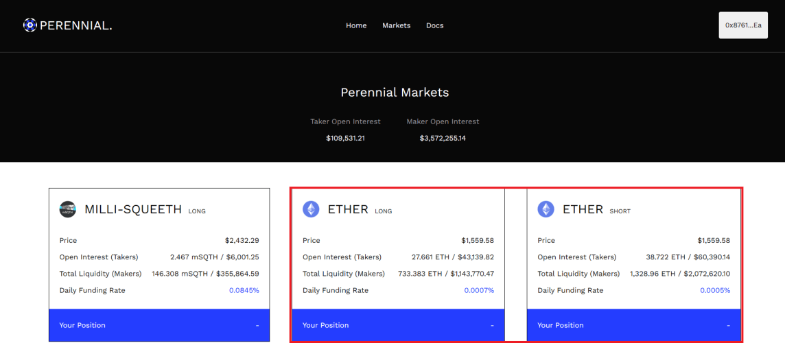 /7 Trade on Ethereum

• Go to Perennial app.perennial.finance
• Select a market
• Enter the amount (Min $100 USDC), choose the leverage and click “Open position”
• Click on the “Approve USDC”
• Click on the “Open Position” button

>>>
