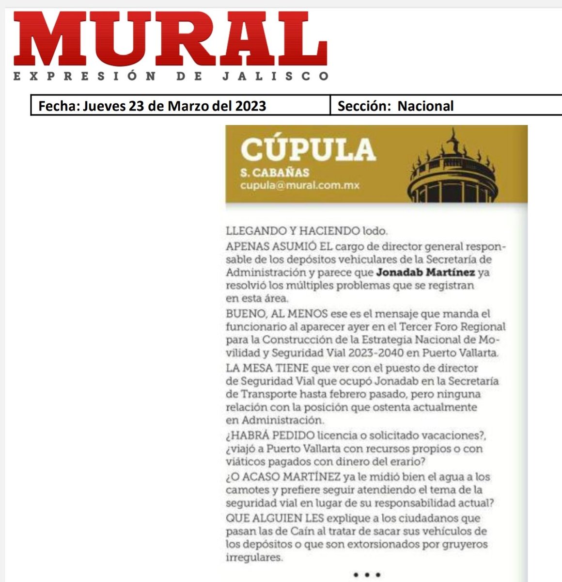 JonadabMartinez's tweet photo. Como lo dije en algunos tweets anteriores, mi trabajo por una mejor #SeguridadVial y mi lucha para que nadie sea víctima de un siniestro vial, supera por mucho cualquier cargo público.
AGRADEZCO infinitamente al periódico @muralcom por visibilizar mi convicción. Les cuento. (1/3) https://t.co/LJDqPFSIZd