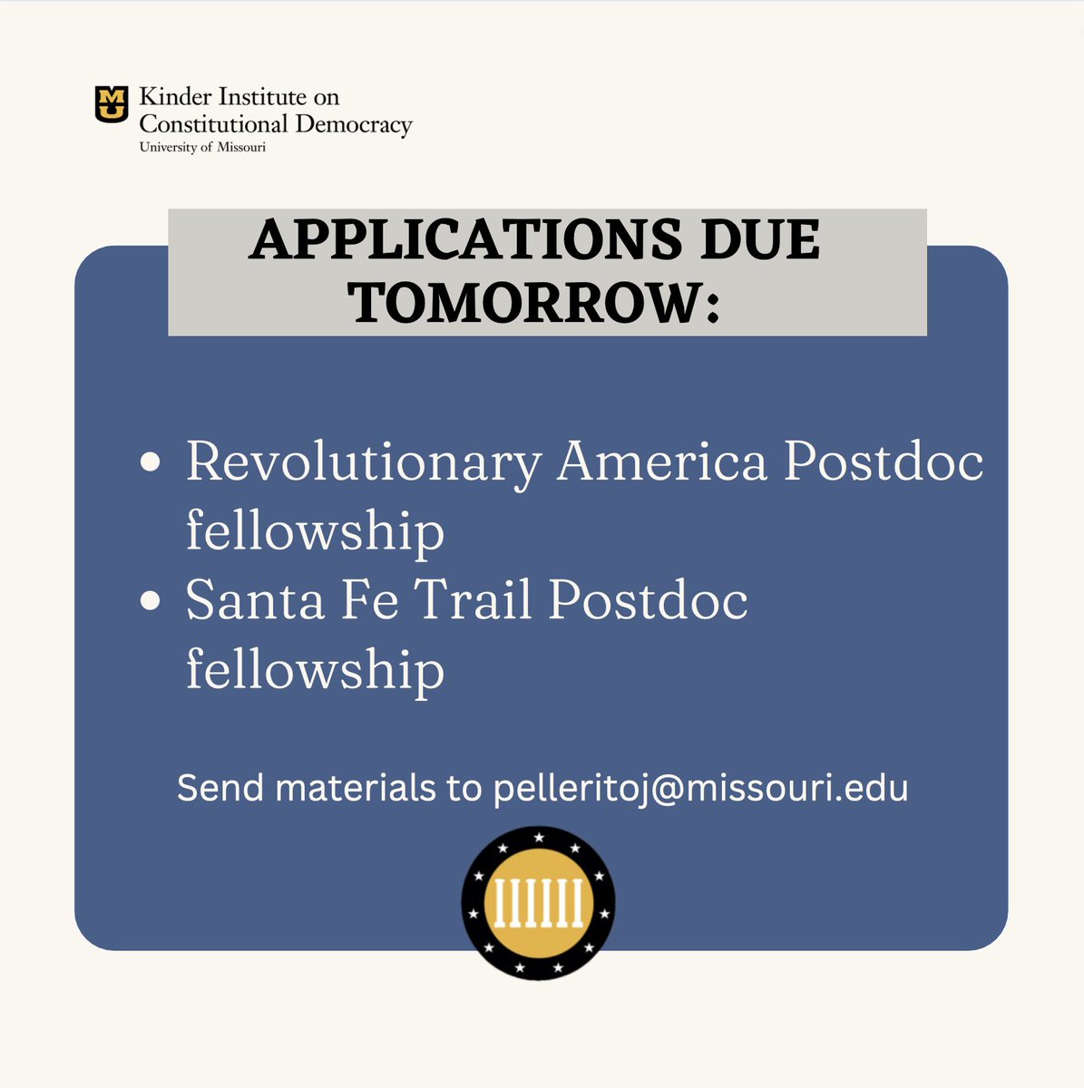 MUDemocracy's tweet photo. POSTDOCTORAL FELLOWSHIP APPLICATIONS DUE TOMORROW!

Application links below 👇 https://t.co/oHtvBK1a3l