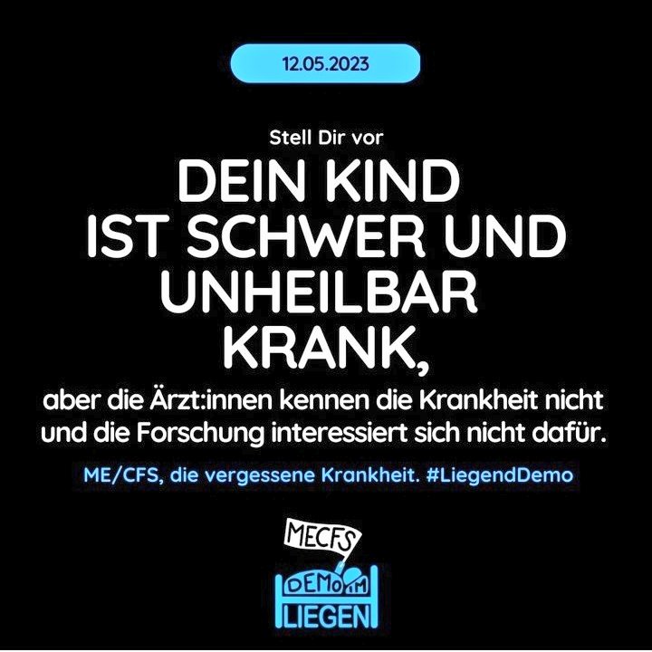 Am internationalen 
ME/CFS - Tag,
#MEAwarenessDay
dem 12.05.23, 
findet von 15:30Uhr bis 18:30Uhr vor dem Bundestag eine Liegenddemo für Anerkennung, Versorgung und Forschung von #MECFS statt.

Es werden Stellvertreter:innen gesucht, die mit Fotos und kurzen Texten 
⬇️