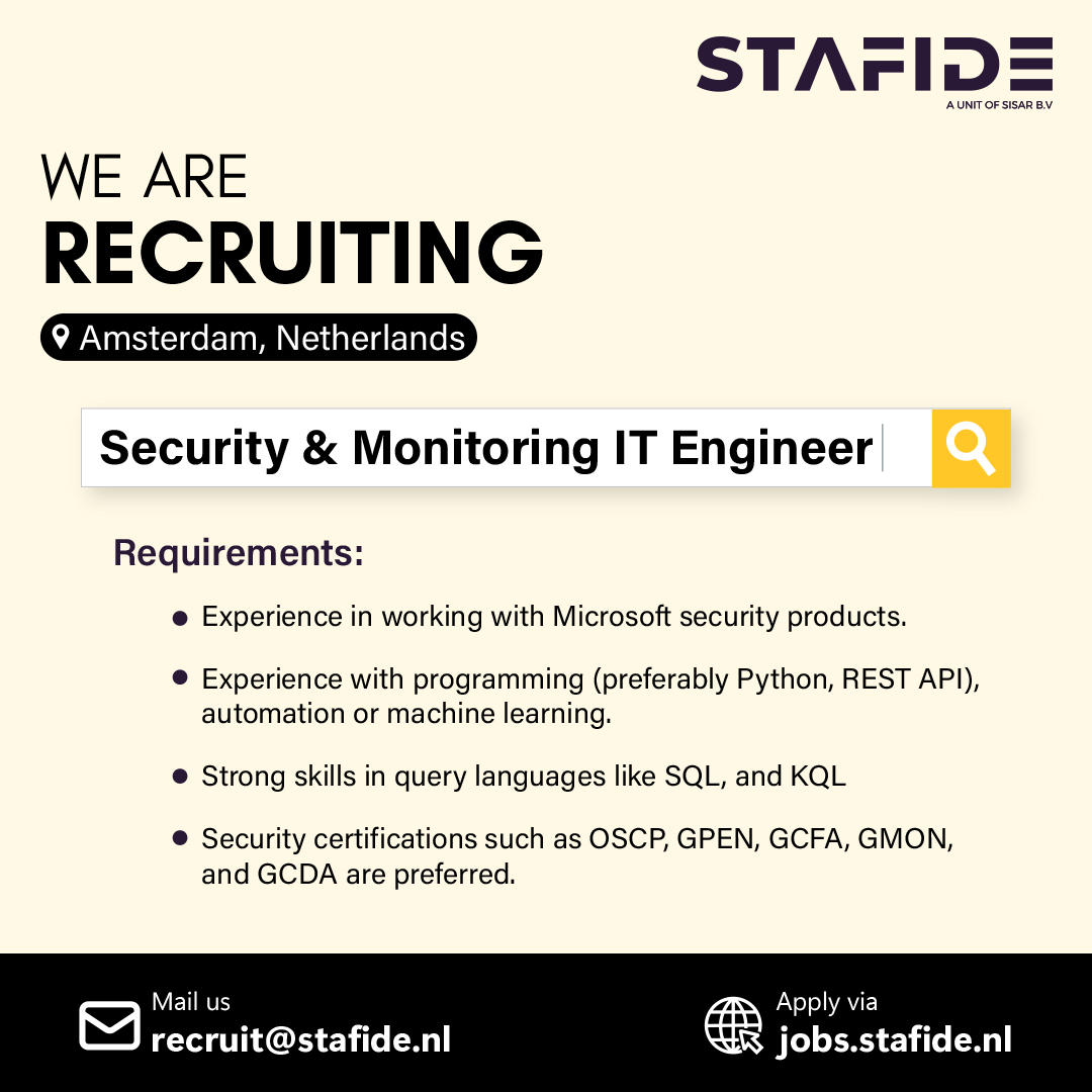 stafide's tweet photo. #recruiting Tech Enthusiast for our client in #Netherlands
Security & Monitoring IT Engineer - https://t.co/h8nw0Pz6Dp
#stafide #itengineer #Techjobs #ITJobs #HIRINGNOW
To know about other open roles visit- https://t.co/TE874UWFQX
#WhatsApp 06 30229663
📩recruit@stafide.nl https://t.co/we69X0Nl8B