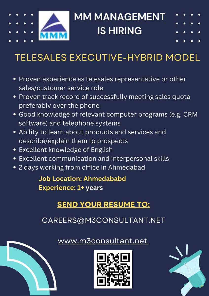 #MMManagement is #hiring #telesales #hybrid model
Email-careers@m3consultant.net

#jobsinahmedabad #jobs #telesales #ahmedabadjobs #ITjobs