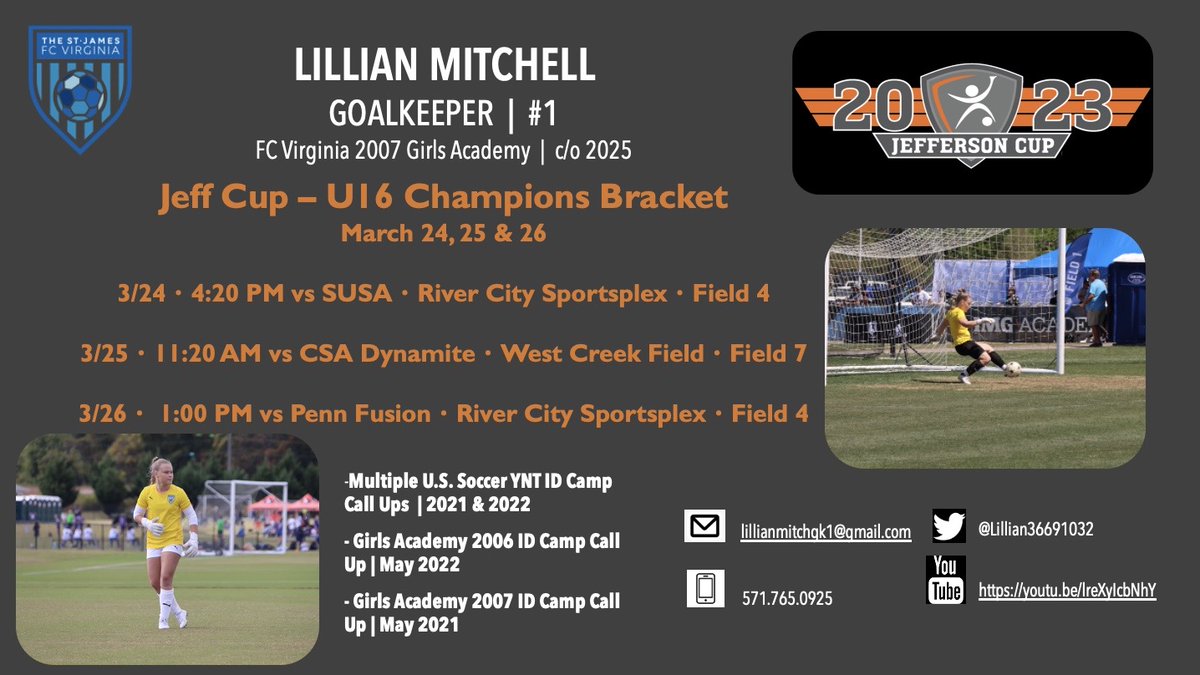 Looking forward to my team @TSJ_FCVirginia 2007 GA playing in the top U16 flight of @jeffersoncup. College coaches and scouts, come check us out!!! @bobbypup @ImYouthSoccer @DanLauria3 @ImCollegeSoccer @PrepSoccer @TopDrawerSoccer #2025GK