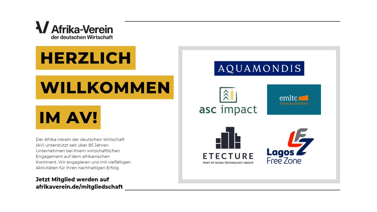 Afrika-Verein der deutschen Wirtschaft (AV) (@afrikaverein) on Twitter photo Neu im Afrika-Verein: Wir begrüßen unsere neuen Mitglieder Aquamondis, asc impact, emltc, <a href="/ETECTURE/">ETECTURE</a> & <a href="/LFZTolaram/">Lagos Free Zone</a> im Afrika-Verein und freuen uns darauf, gemeinsam mit ihnen die deutsch-afrikanischen Wirtschaftsbeziehungen zu stärken.
Noch kein Mitglied?➡️afrikaverein.de/mitglied-werde… Neu im Afrika-Verein: Wir begrüßen unsere neuen Mitglieder Aquamondis, asc impact, emltc, <a href="/ETECTURE/">ETECTURE</a> & <a href="/LFZTolaram/">Lagos Free Zone</a> im Afrika-Verein und freuen uns darauf, gemeinsam mit ihnen die deutsch-afrikanischen Wirtschaftsbeziehungen zu stärken.
Noch kein Mitglied?➡️afrikaverein.de/mitglied-werde…