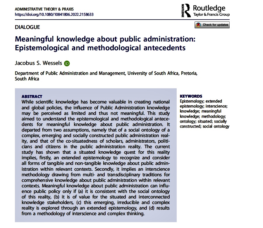 kobuswes's tweet photo. I am thrilled with the publication of my article "Meaningful knowledge about public administration: Epistemological and methodological antecedents" in Administrative Theory &amp; Praxis @journalATP @StaciwithaZ @ProfJohnDiamond @UnisaCems https://t.co/UXWH0i1p70