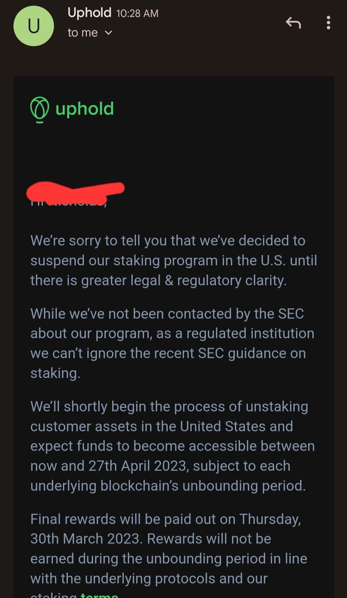 NCashOfficial's tweet photo. And just like that @Uphold is strong armed into shutting down their staking services in the U.S. thanks to the @SECGov

Thanks @GaryGensler &amp; your gang of bankers for protecting retail investors from MAKING MONEY. Absolutely disgusting. https://t.co/GWgrh9xZHo