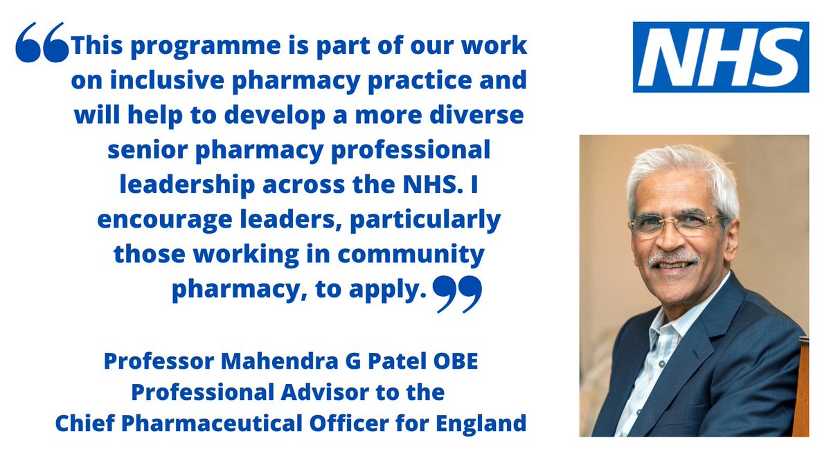 davidwebb_1's tweet photo. Now open for applications: the Chief Pharmaceutical Officer's Pharmacy leaders development programme, in partnership with @cppeengland. Join a webinar next Thurs 30th to find out more: https://t.co/7hWCptLWJt @drmahendrapatel @RichardCattell1 @liz_fidler https://t.co/JsbMuQ1ict