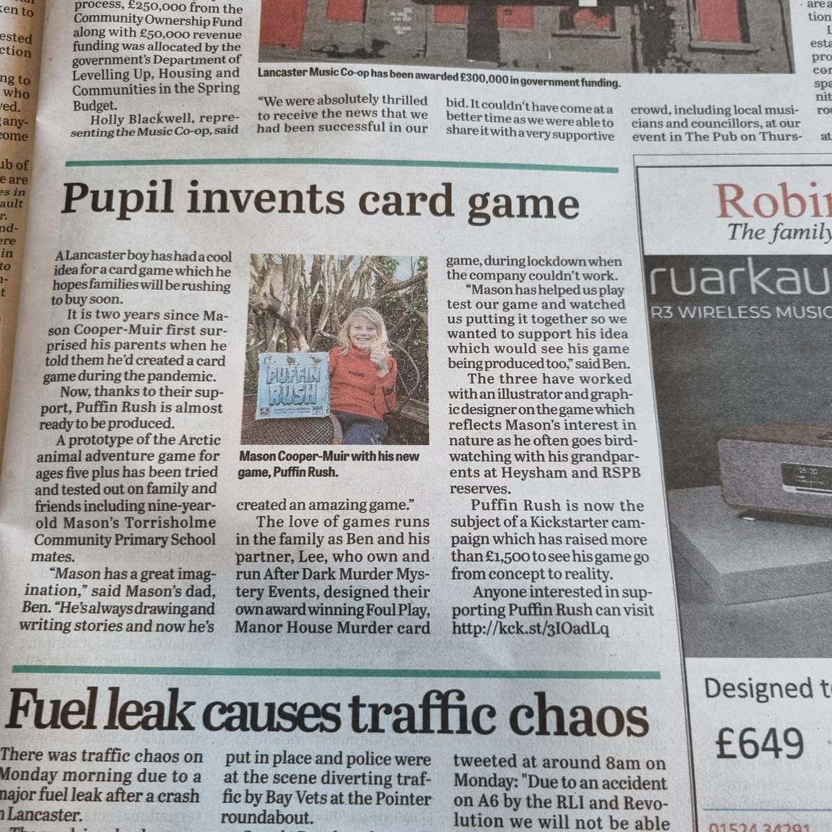foulplaygamers's tweet image. Stop Press! 
We've made the local paper!
Time for us proud parents to cut it out and stick it in a scrap book! 
The rest of you can zoom in and have a read and then zip over to Kickstarter to back Puffin Rush now!