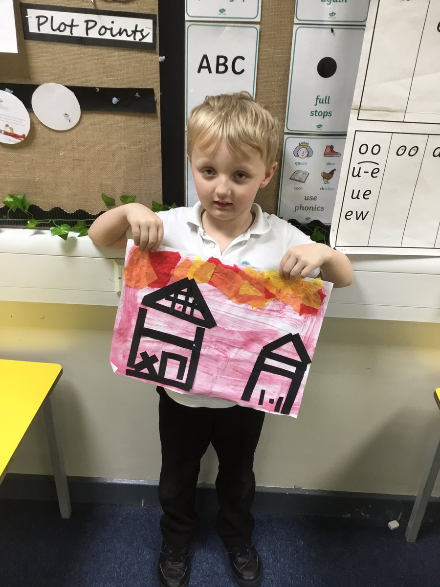 In art we have been learning about Rita Greer. Here is our art inspired by her and The Great Fire of London. We colour washed our background,created flames with tissue paper and made Victorian houses🔥✂️🎨