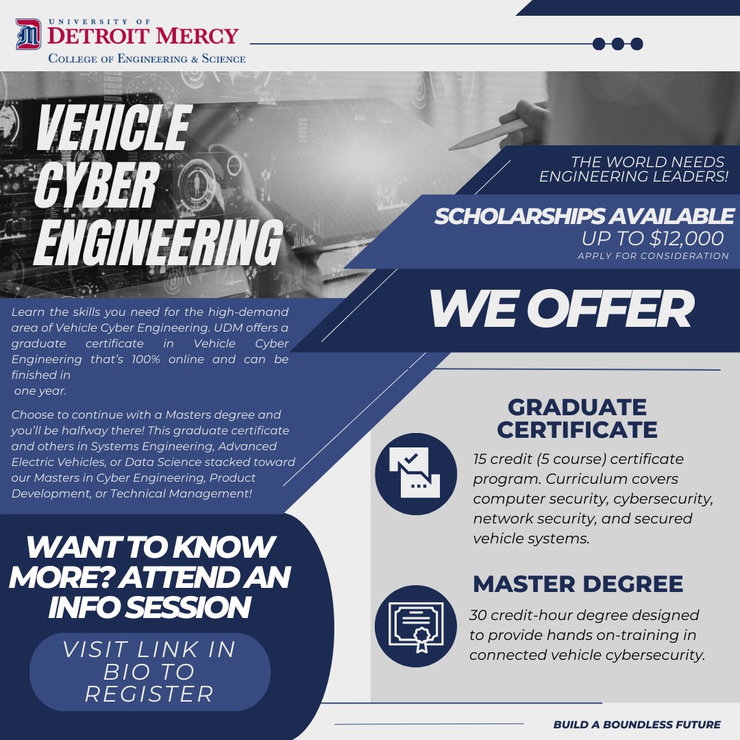 Did you know we offer a graduate certificate in Vehicle Cyber Engineering? AND scholarships are available! Visit the link in our bio to register for an info session and find out if VCE is right for you!