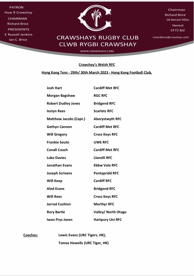 CrawshaysRugby's tweet photo. Another really exciting opportunity for a new group of young @CrawshaysRugby players! Here is our squad to represent us in @HKFC10s next week. Thank you to our generous sponsors, Hong Kong Law firm, Bowers Law. https://t.co/lkZOn1sAR6