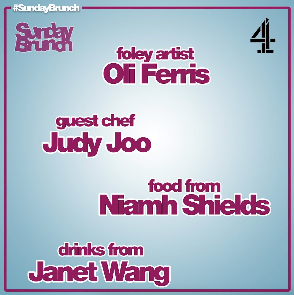 On this weeks #SundayBrunch we have guests <a href="/jordannorth1/">Jordan North</a>, <a href="/ameliadimz/">Amelia Dimoldenberg</a>, <a href="/kfRedhot/">Chaos McBueno</a>,  <a href="/jackorowan/">Jack Rowan</a>, @FerrisOli  🤩 Guest chef @judyjoochef 👩‍🍳 Food from <a href="/eatlikeagirl/">Eatlikeagirl</a> 🥧 Drinks from @jzwinepeek🍷 music from <a href="/ArrDeeTweets/">ARRDEE</a> and <a href="/catburns/">Cat Burns</a>🎵 Join us Sunday at 9:30am on @channel4