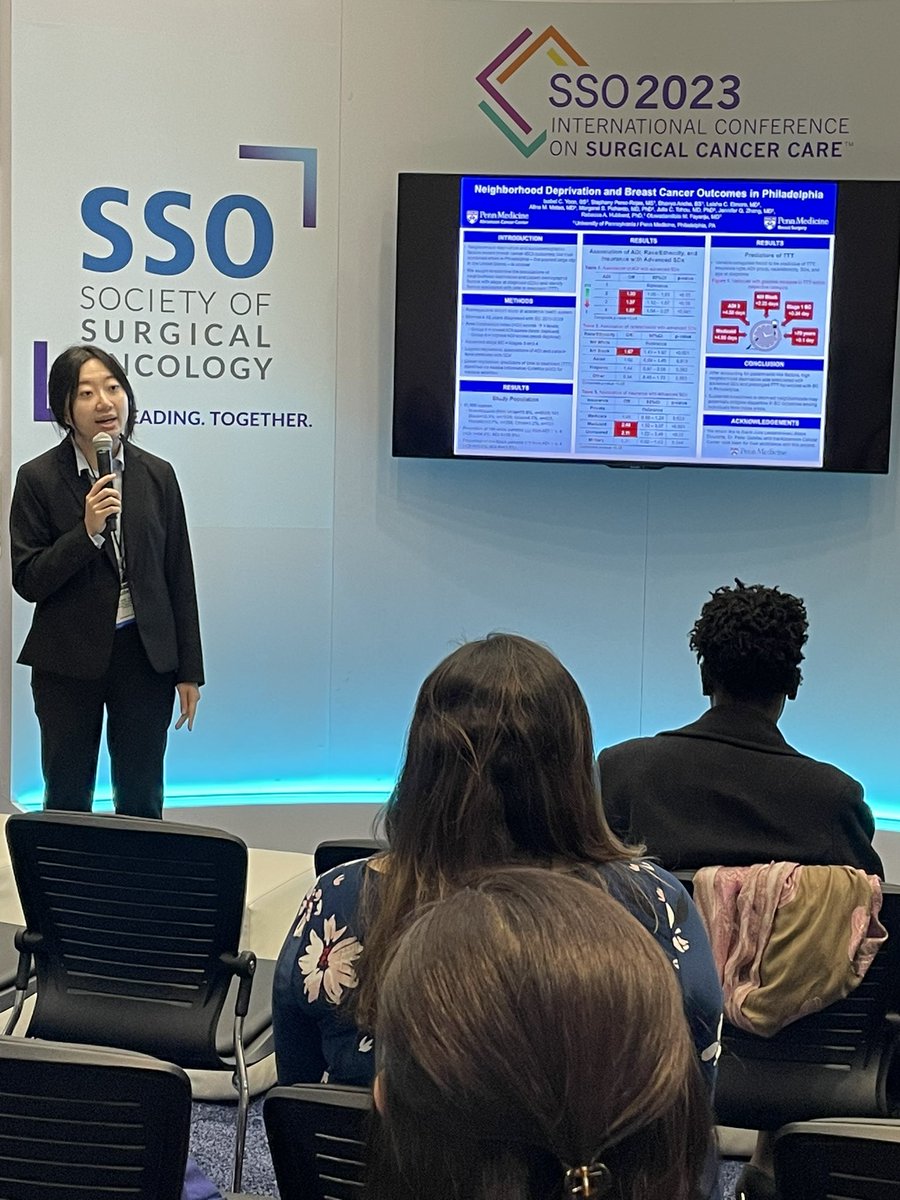 SaraGinzbergMD's tweet photo. Excellent presentation from Penn MS2 Isabel Yoon on the association between neighborhood deprivation and breast cancer outcomes in Philadelphia! @DrLolaFayanju @RhubbBstat @CheeksMD @_stephany_p @MSPichardoMDPhD @jenny_zhang24 @tchou_julia @pennsurgery #SSO2023 https://t.co/QU74xOSvCh
