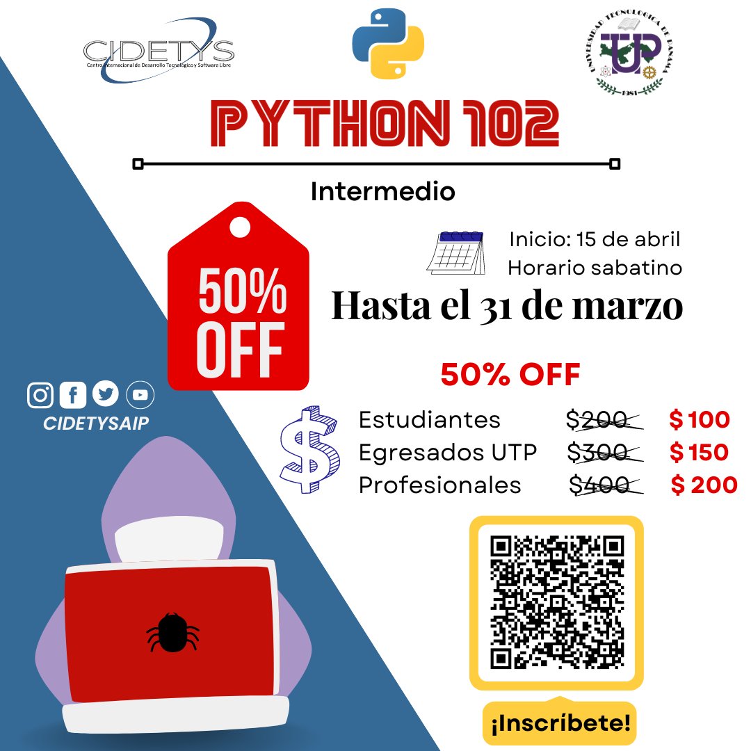 Cidetysaip's tweet photo. ‼️50% OFF‼️

📩Regístrate con el código QR o aquí: https://t.co/EPJ9EmOlHx

Temario:
📌Módulo 1: Cuadernos Jupyter
📌Módulo 2: Ambientes virtuales
📌Módulo 3: Control de versiones (git)
📌Módulo 4: GitHub
📌Módulo 5: Docker https://t.co/y3myUI5RGv