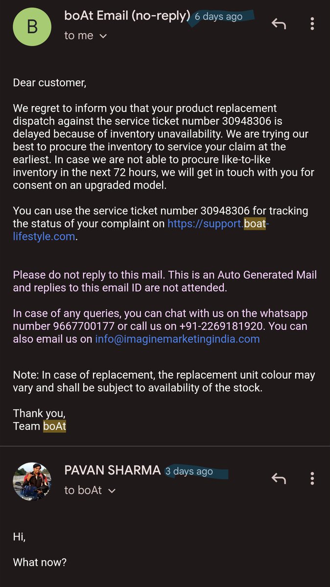 Pavan_Hotshot's tweet photo. 72 x 2 hours have passed now. I called your customer care and they promised a resolution in 48 hours, now even that is long over. It's been 6 days, why doesn't anyone do anything? No reply to my 3 days old email also! @RockWithboAt @amangupta0303 https://t.co/pJDMjeZcPW