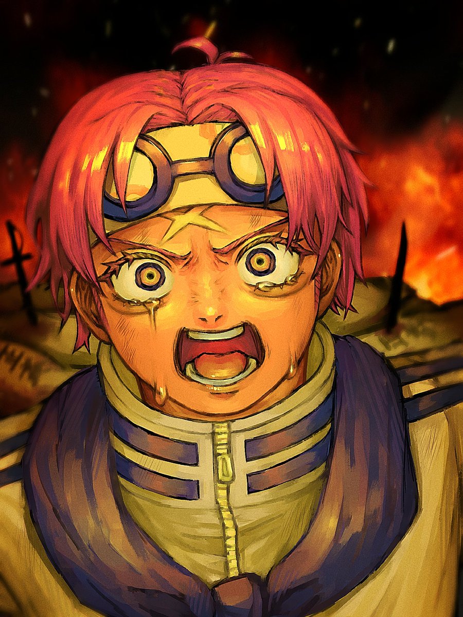 solo open mouth scar fire goggles crying looking at viewer  illustration images