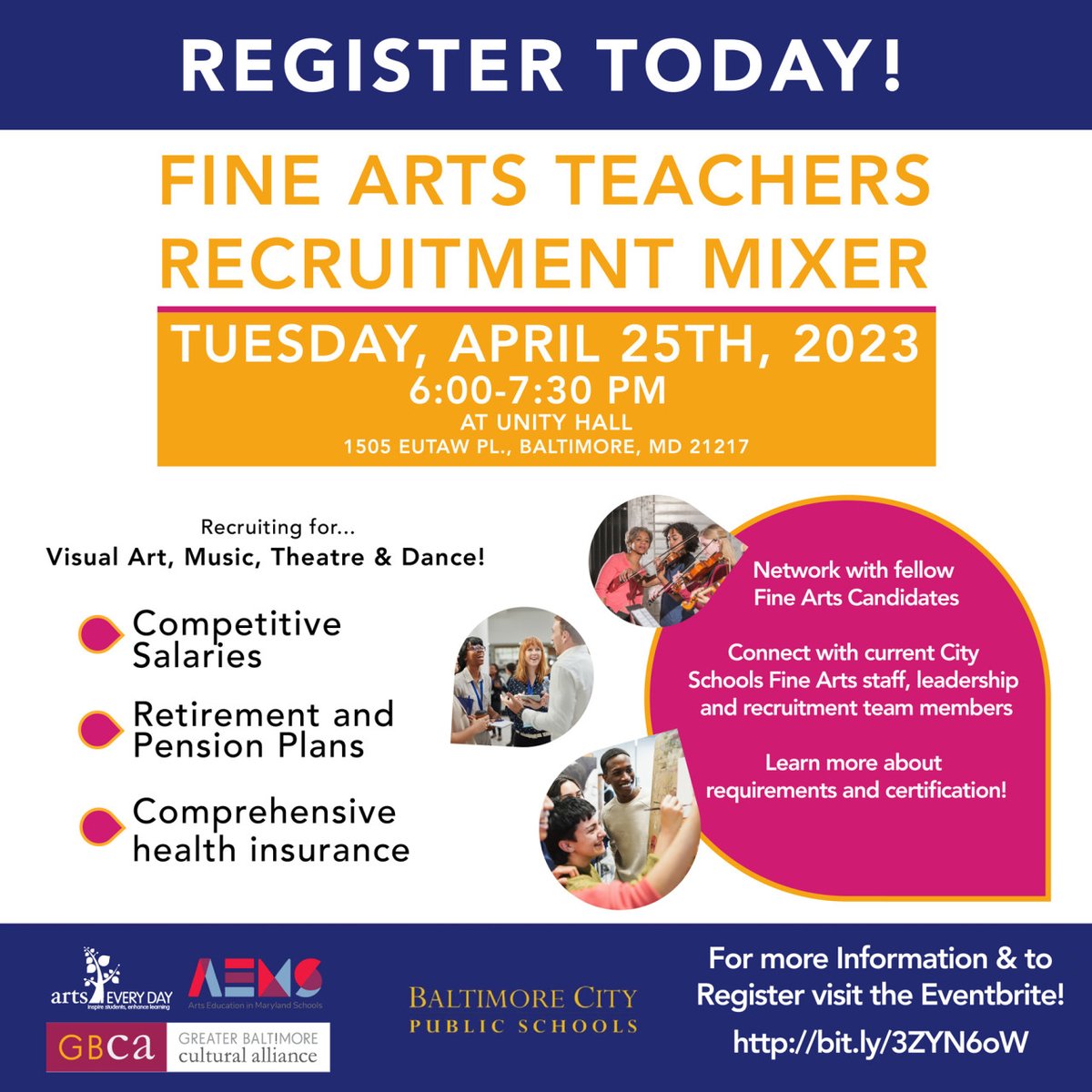 Heads up: Check out this Arts Educator Recruitment Event for artists & certified arts teachers!

April 26 from 6-7:30PM @BaltimoreUnityHall.

Register: bit.ly/3ZYN6oW Hosted by @BaltCitySchools , @ArtsEveryDay, @BMoreCulture, and @ArtsEdMaryland!