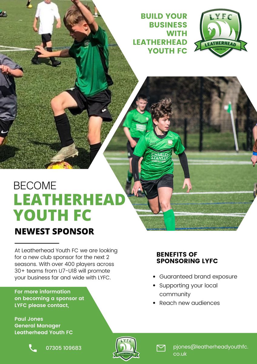 leatherheadyfc's tweet photo. Want to be Leatherhead Youth FC next club sponsor? 
Your sponsorship will get you guaranteed brand exposure &amp; new audience to your business. 
You will also be supporting your local community here at LYFC.

For all enquiries, please contact Pjones@leatherheadyouthfc.co.uk https://t.co/YyQniULYse