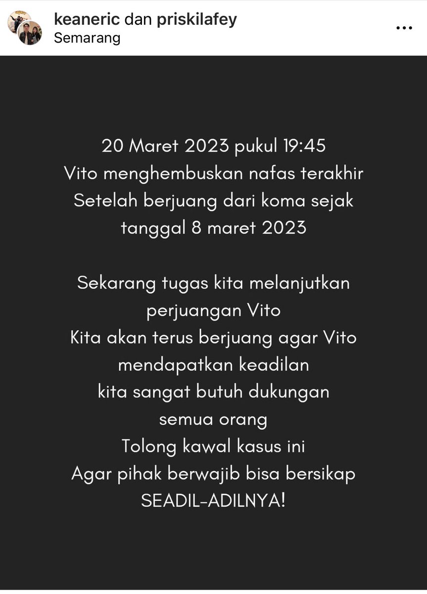 Jadi setelah tabrakan itu vito koma 1 minggu lebih sebelum akhirnya meningg*al. Dia mengalami cedera kepala yang lumayan parah dan pelaku hanya mengalami patah tulang pada tangan