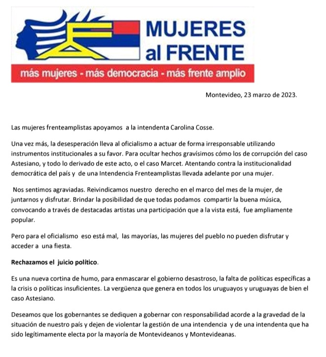 mujeresFA's tweet photo. Hoy volvemos a rechazar el juicio político que inventó este gobierno en contra de la Intendenta @CosseCarolina 
La justicia no se politiza
La política no se judicializa
#HayQueSeguir @CosseCarolina @Frente_Amplio https://t.co/xNMgTpd497