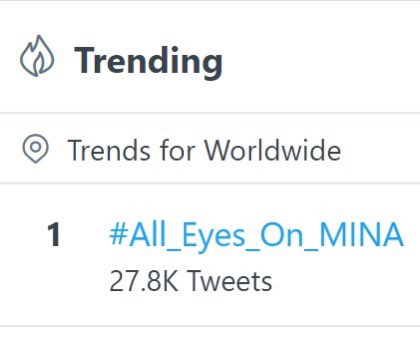 TWICEINDIA_'s tweet photo. Twitter Worldwide🌍 Trends:

#1. #All_Eyes_On_MINA 👑🔥

DAZZLING STAR MINA
#미나_좋아하는맘_숨기긴싫어
#벚꽃과_함께_피어난_미나의하루
@JYPETWICE

ONCEs keep using the tags in your tweets 🚀 https://t.co/9TPtIpB8r5