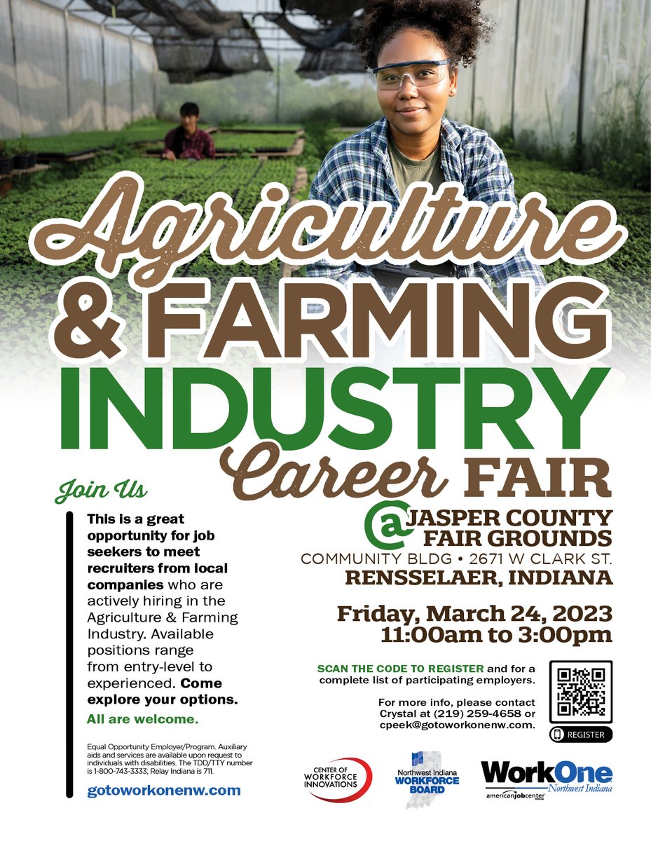 CWI is proud to partner with <a href="/BelstraMilling/">Group Farms</a>, @fairoaksfarms, <a href="/MeatsbyLinz/">Meats by Linz</a>, and other companies from 11am-3pm at the Agriculture and Farming Industry Career Fair at the Jasper County Fairgrounds. Contact James at (219) 933-8382 for more info. #careers #jobsopenings #NWI