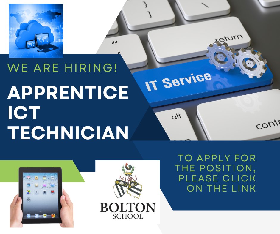 We are hiring!  We are currently looking for an Apprentice ICT Technician to work in the ICT Department.

Please click here to apply:    bit.ly/3lCzuka 
 
#hiring #boltonjobs  #recruitment #ICT #apprentice  #informationtechnology