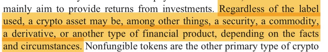 MetaLawMan's tweet photo. Wading through the President’s Economic Report,
I stumbled upon a key statement that could prove useful to @Ripple $XRP @coinbase and others litigating against the SEC.
The Report (pg. 239) states:
“Regardless of the label used, a crypto asset may be, among other things, a security, a commodity, a derivative, or another type of financial product, depending on the facts and circumstances.”
Amazing. That is exactly right.
And this is the official position of the Executive branch of the U.S. Government.
The statement stands in stark contrast to Gary Gensler’s position, which is--"ALL crypto assets (except Bitcoin) are securities, and this fact should be crystal clear to any idiot." (paraphrasing)
The President’s Report--while hostile to crypto in general--could prove very helpful to parties arguing that there is no clarity and no Fair Notice about which tokens are properly classified as securities and which are not.