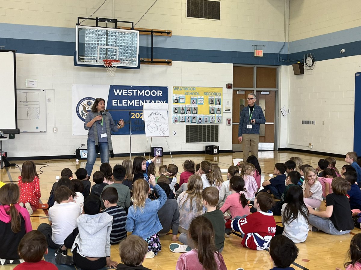 Wow wow wow. There are few words to describe the author visit we just experienced with @tlichtenheld &amp; @BethFerry1. They were truly inspirational, entertaining, &amp; energetic. From the stories to the drawings to the snowball umbrella game - today was a gift to all @WestmoorD28!